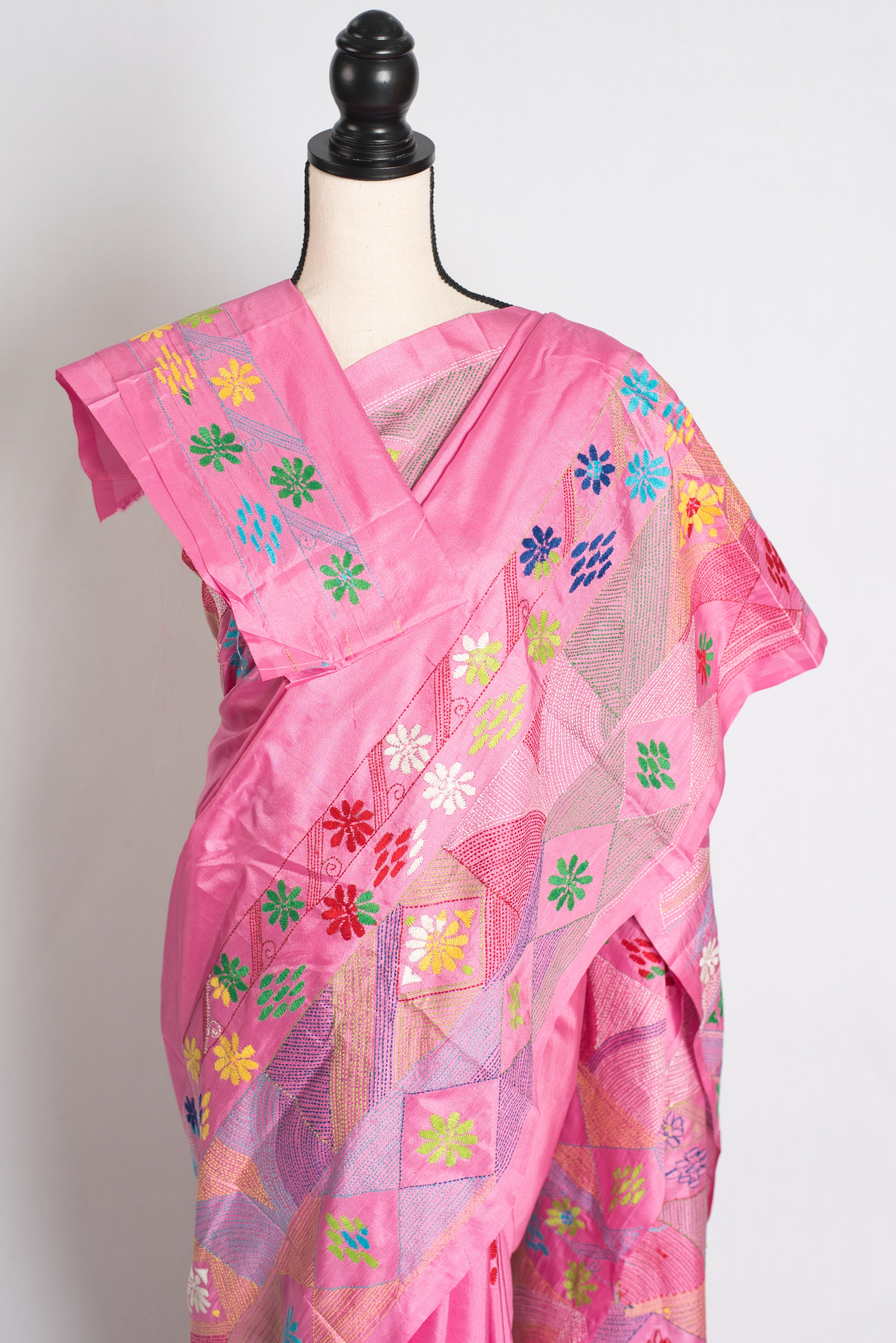 Amira : Pink Blended Silk Saree with Hand Embroidery Lambani Work Saree