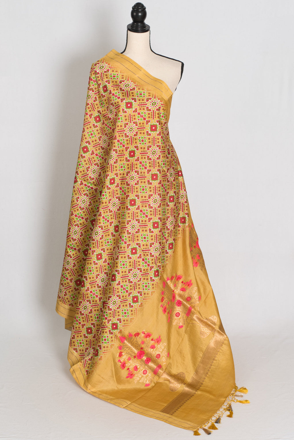 Naheed : Yellow and Gold Contemporary Ikkat Print Banarasi Katan Silk Saree