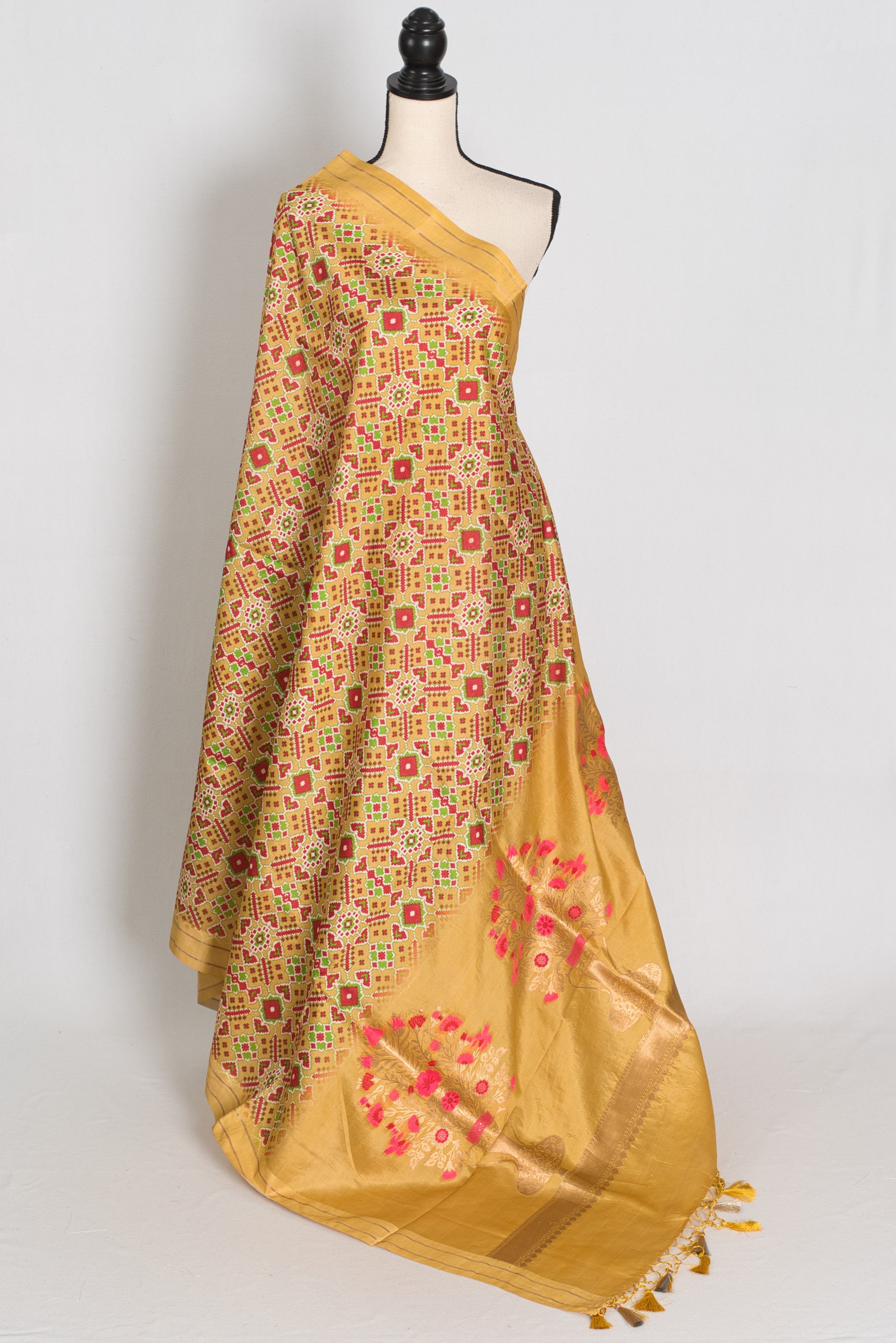 Naheed : Yellow and Gold Contemporary Ikkat Print Banarasi Katan Silk Saree