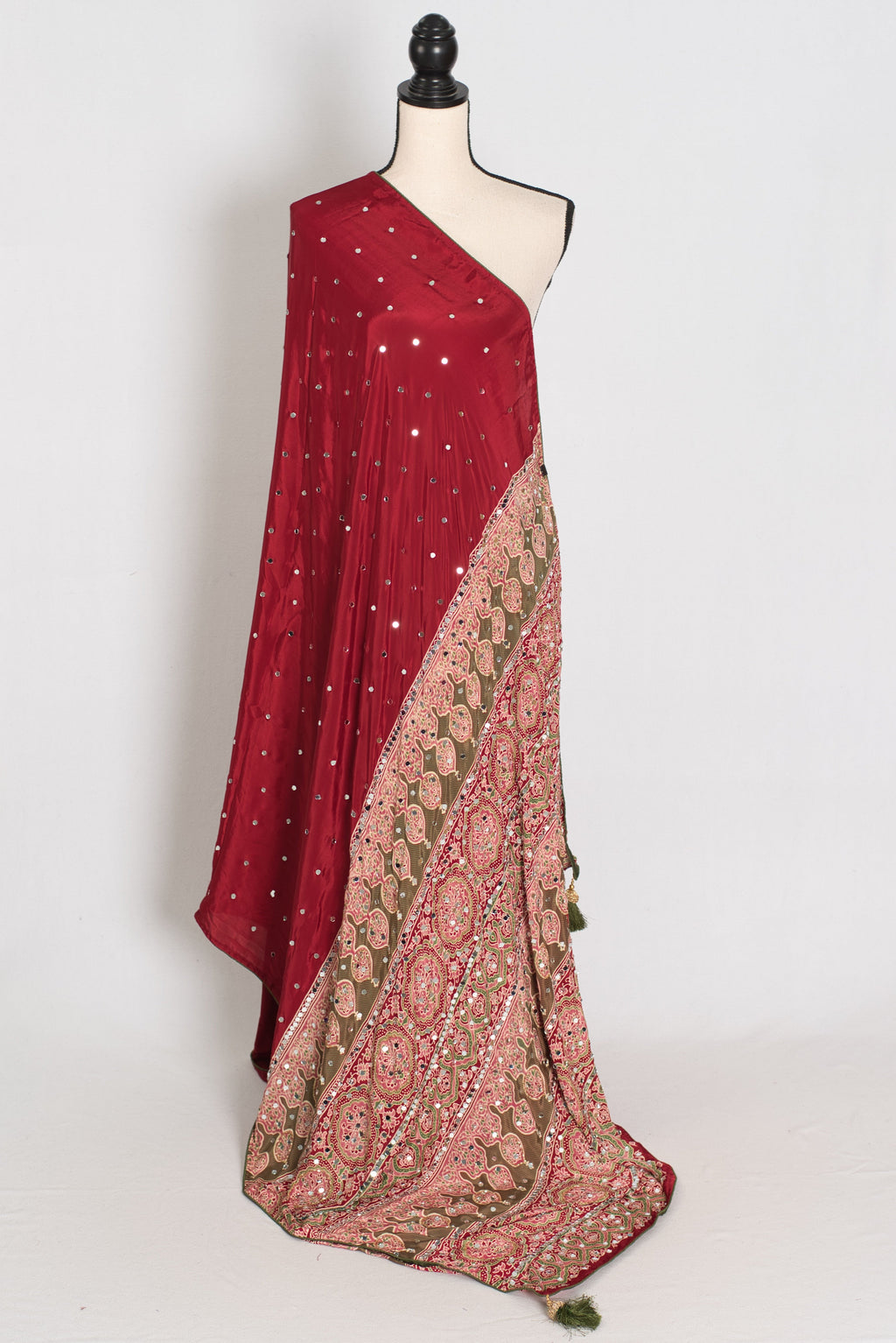 Mouli | Brick Red Mirror Work Partywear Ajrakh Saree | Soft Semi Modal Silk