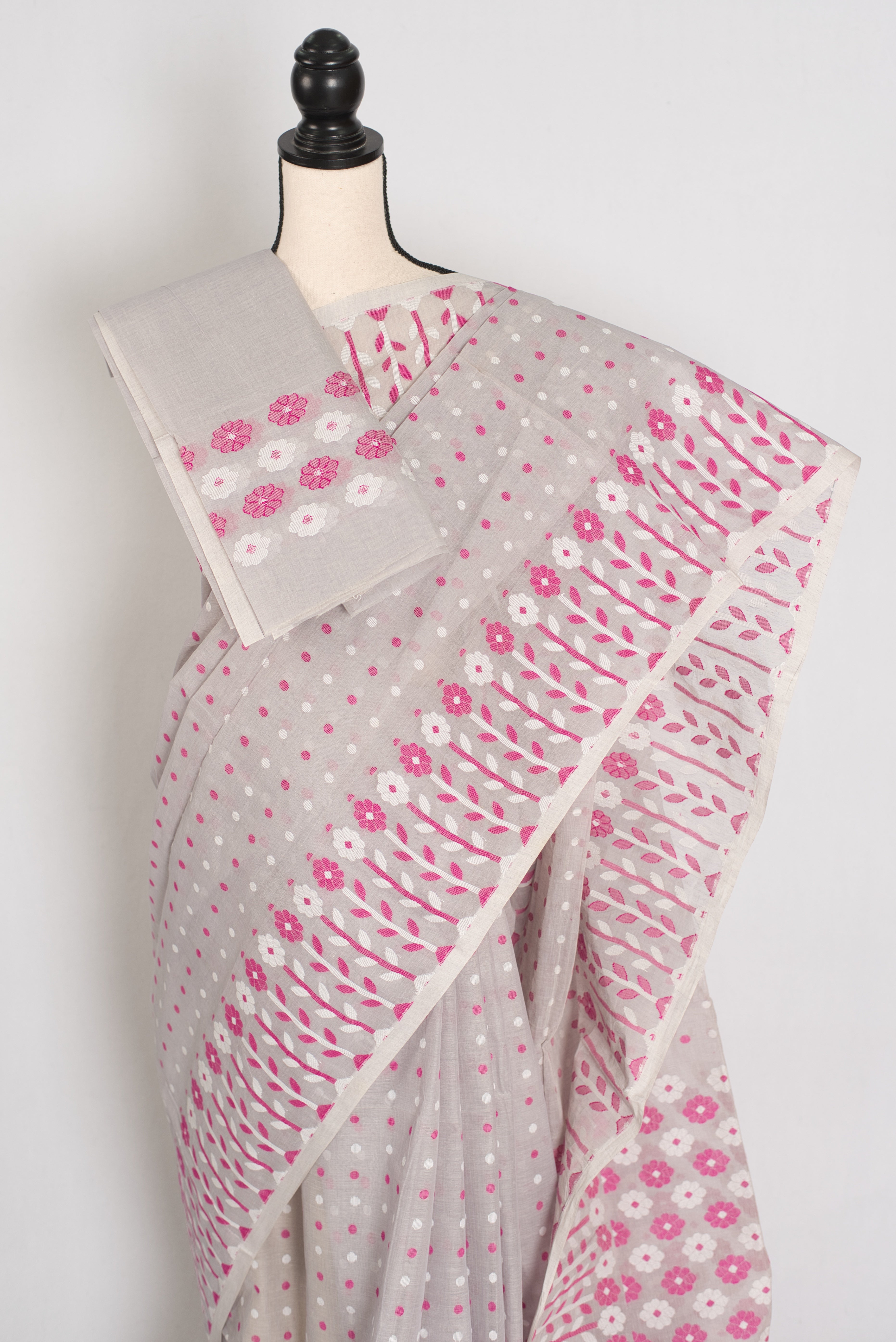 Geeta: Gray, Pink and White Pure Cotton Jamdani Saree with Blouse