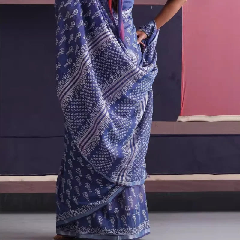 Indian Traditional Thin Deep Blue Printed Cotton and Linen Sari