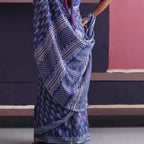 Indian Traditional Thin Deep Blue Printed Cotton and Linen Sari