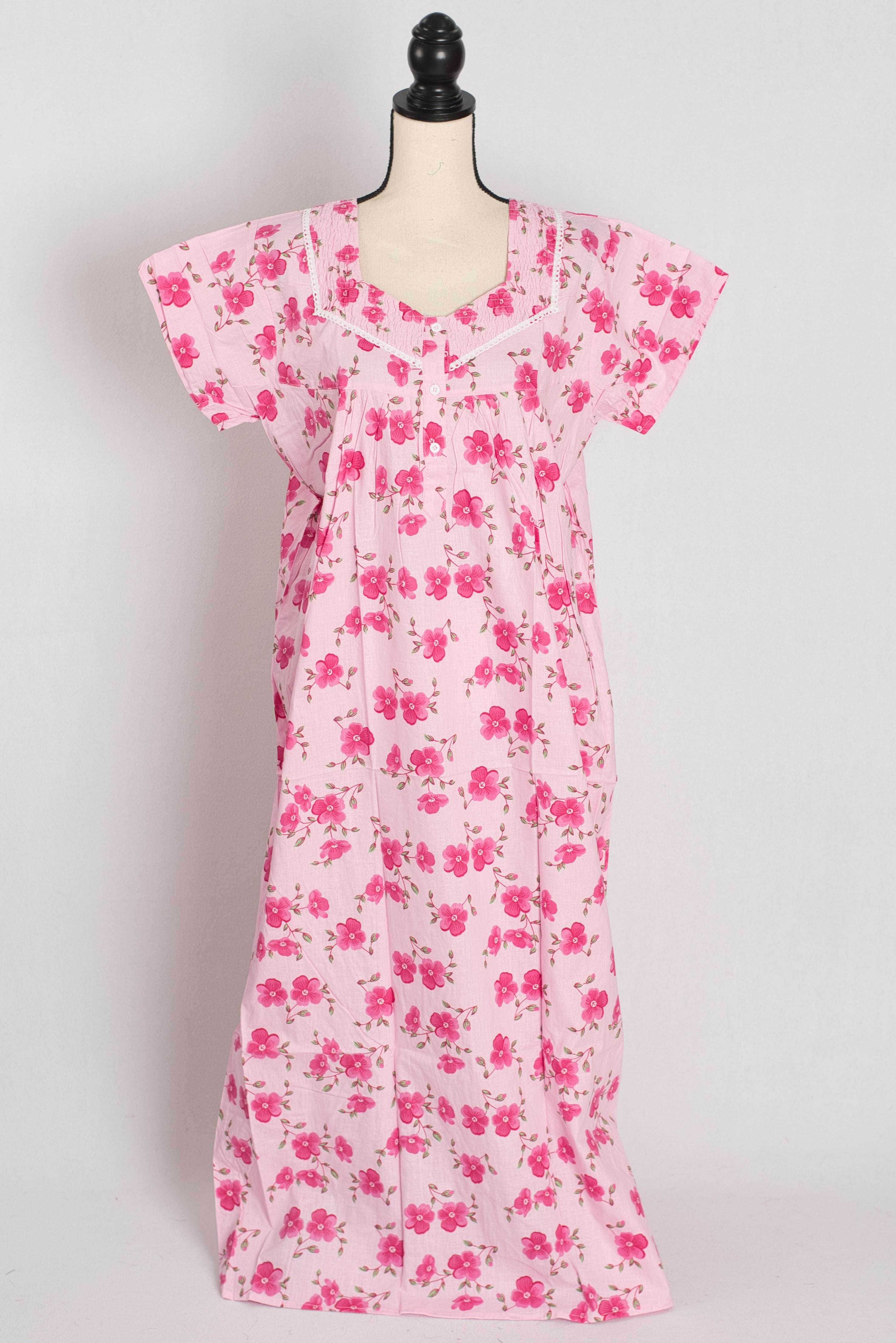 Floral Printed Pink Women Indian Cotton Nighty in Regular Size — Style B (Nov)