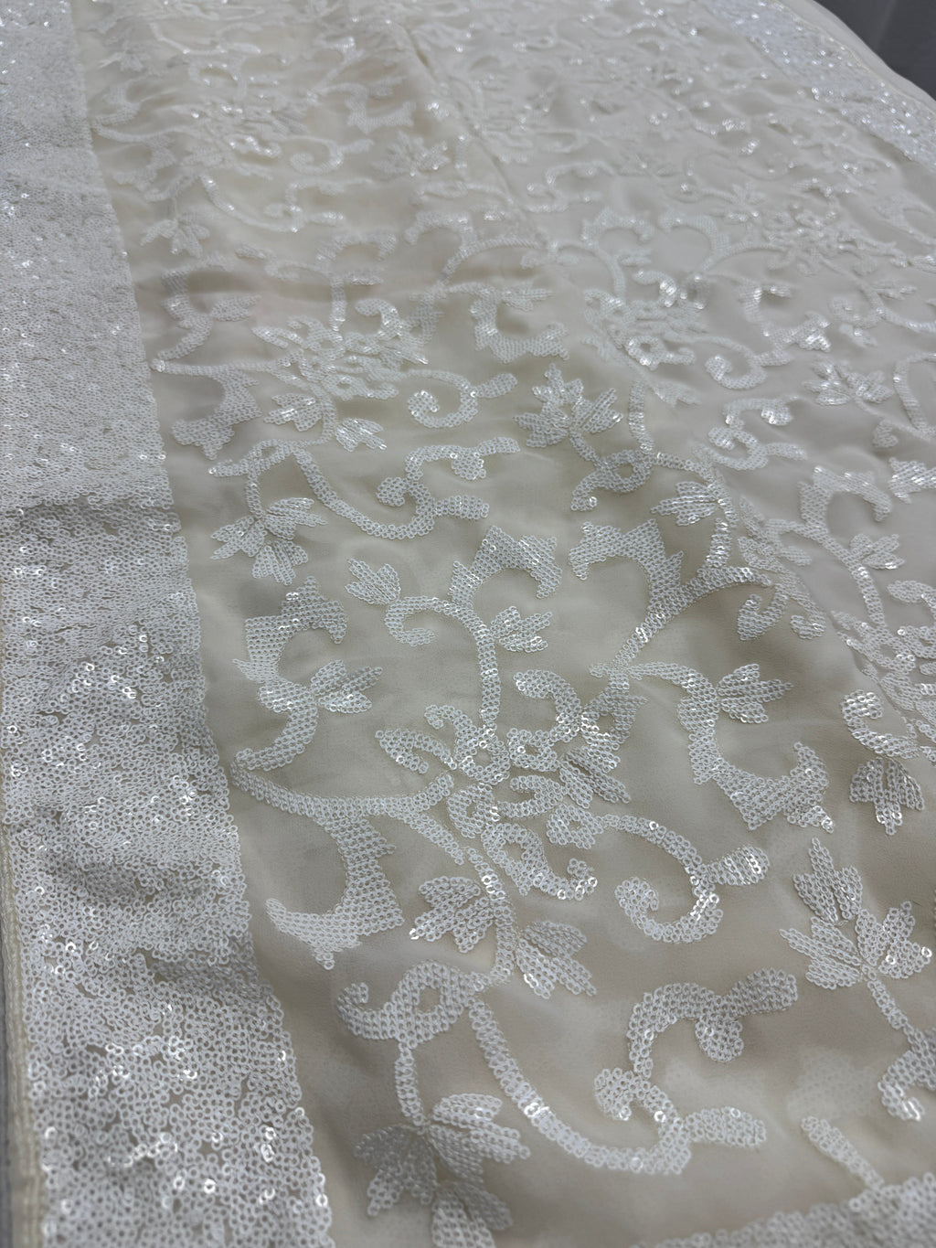 Damini | Ivory White Sequin Georgette Cocktail Saree | Classic Embroidery