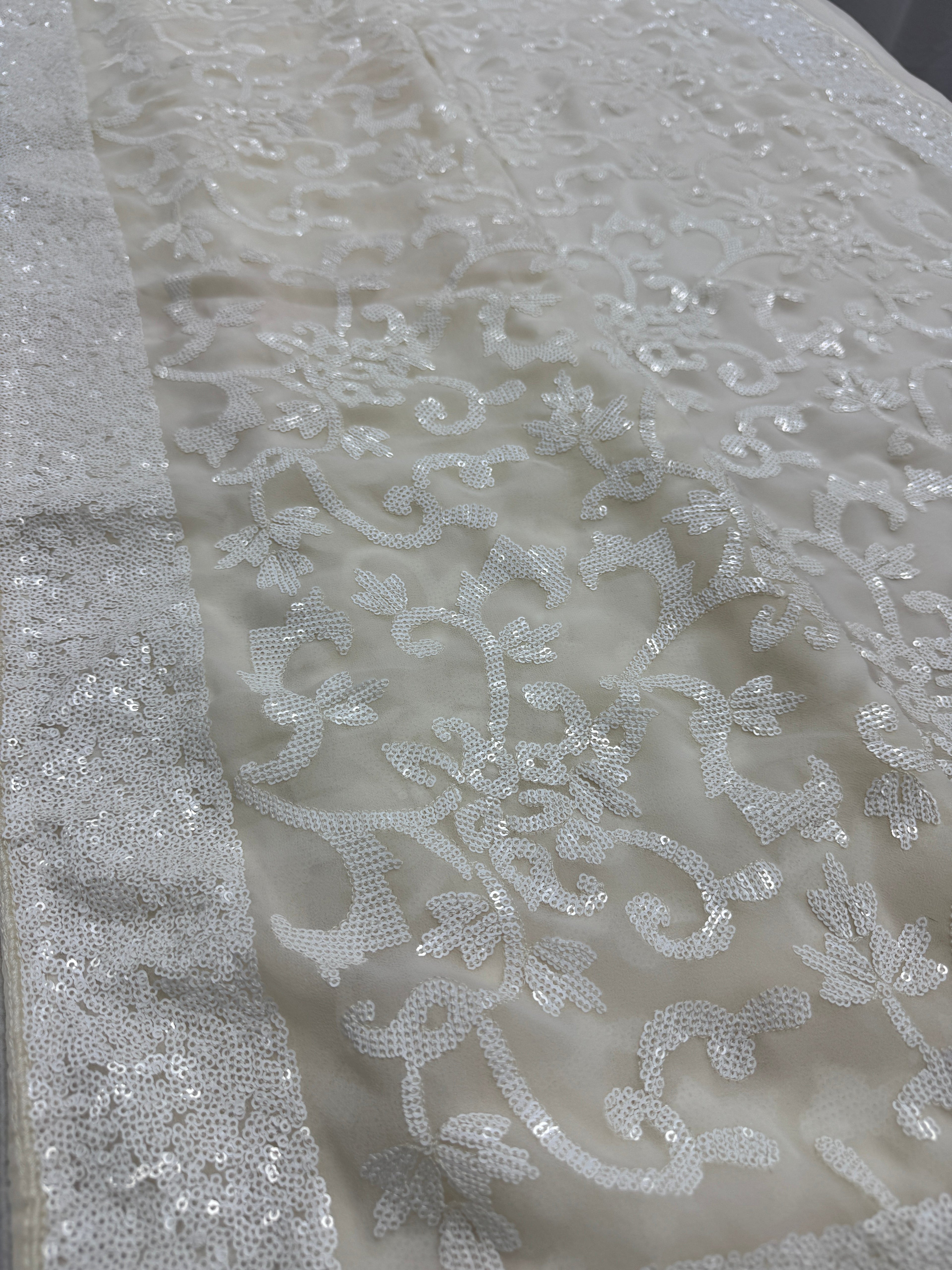 Damini | Ivory White Sequin Georgette Cocktail Saree | Classic Embroidery