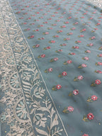 Grace | Sky Blue Georgette Partywear Saree | Pastel Floral Booti Embroidery