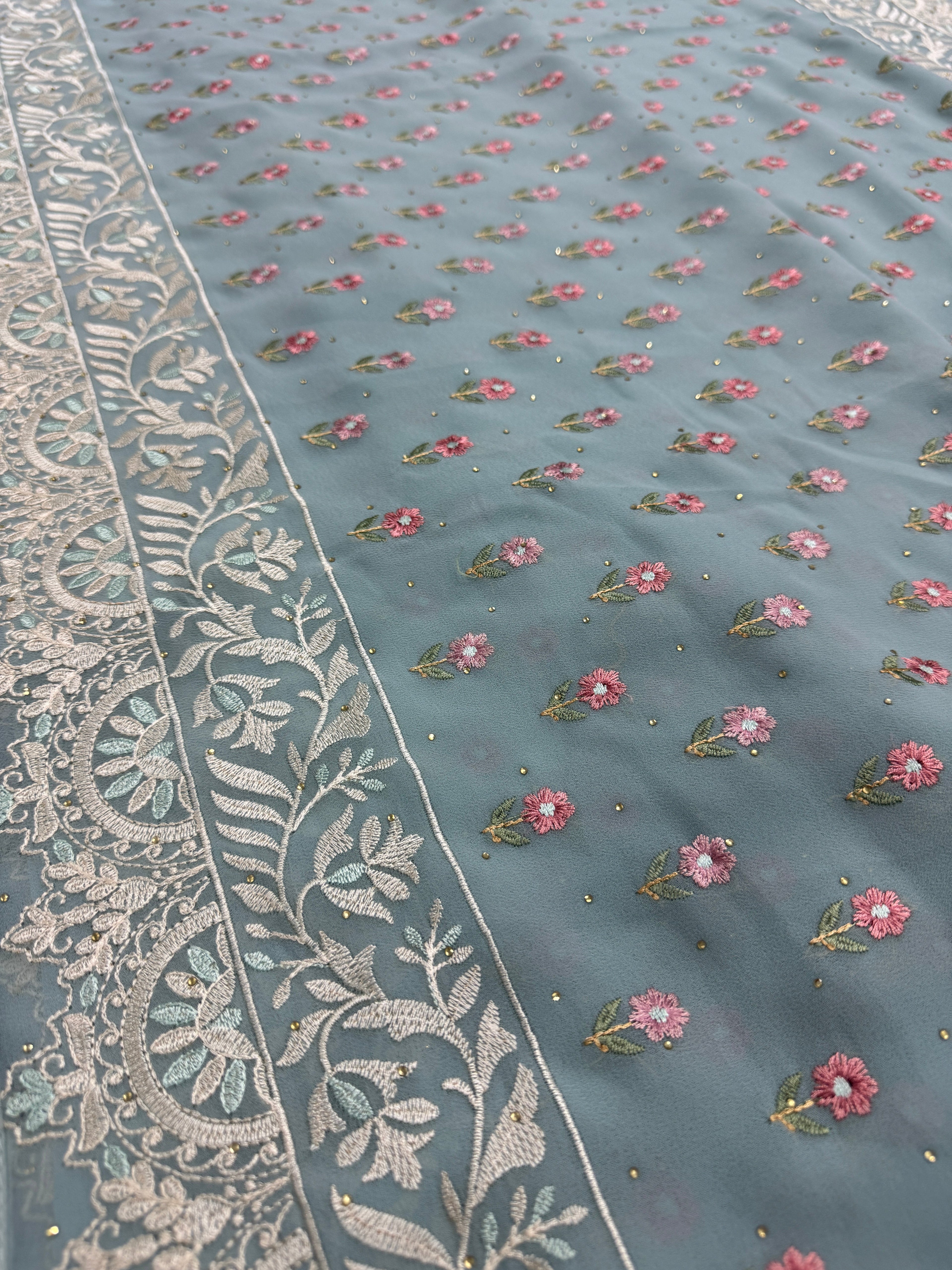 Grace | Sky Blue Georgette Partywear Saree | Pastel Floral Booti Embroidery