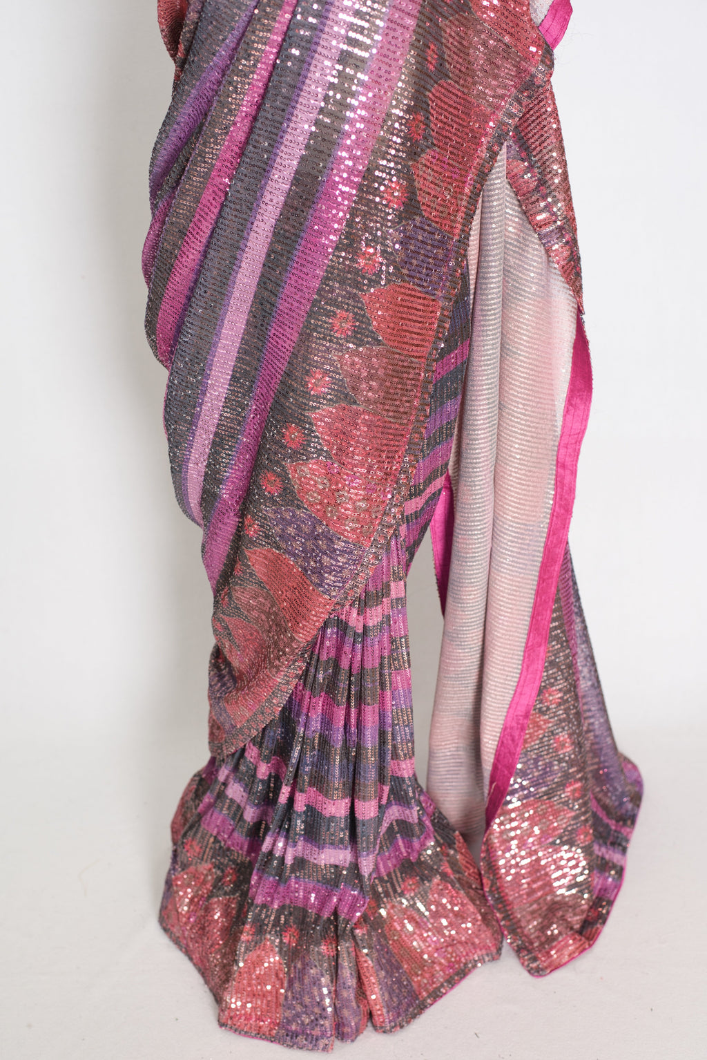 Ruhi | Pink Designer Sequin Saree | Bollywood Style Multi-Tonal Striped Shimmer
