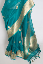 Ritaja : Rama Green and Gold Kora Organza Banarasi Saree with 38 Size Blouse