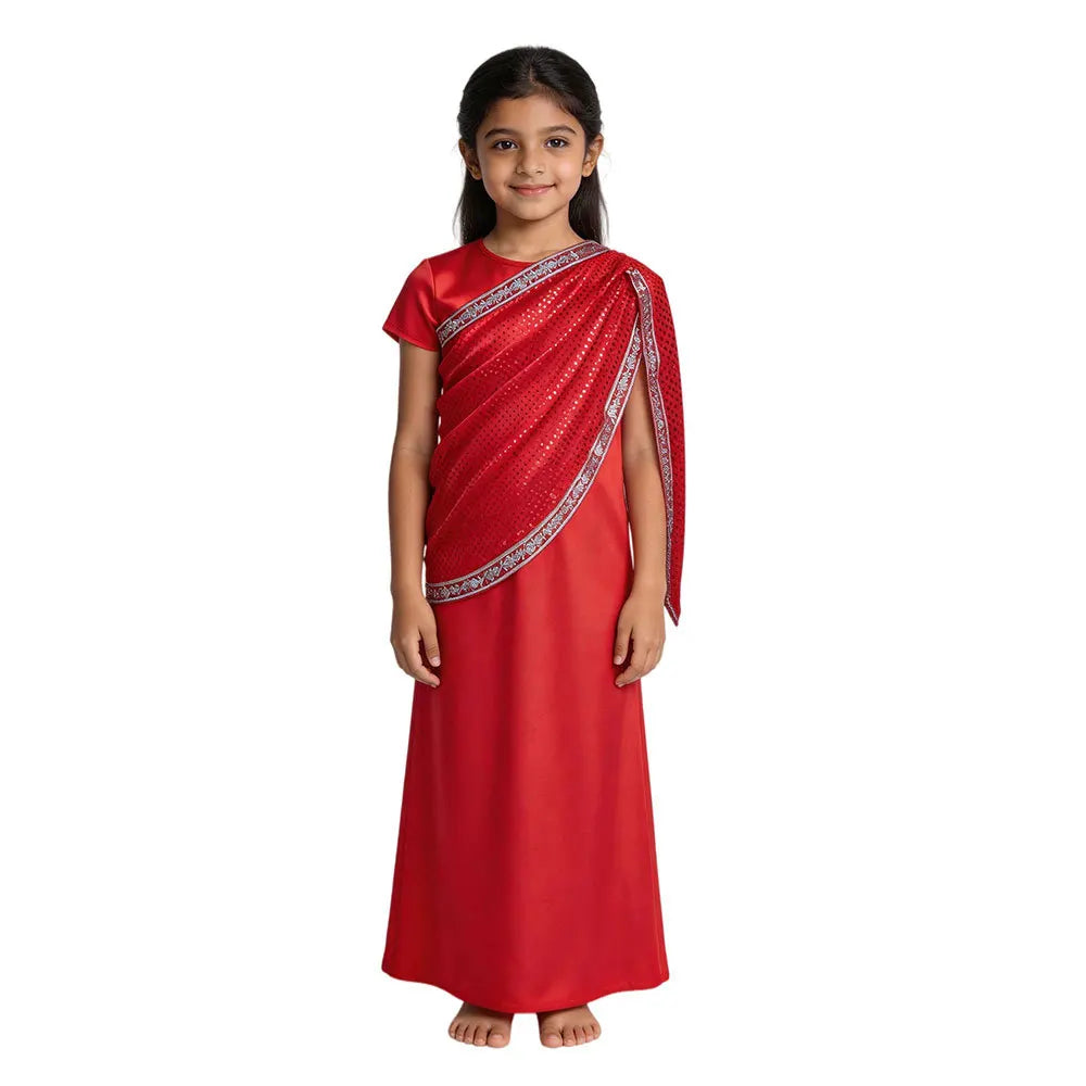 Girls Red Indian Ethnic Sequin Gown Kids Traditional Saree Dress Children Diwali Wedding Carnival Stage Performance Costume