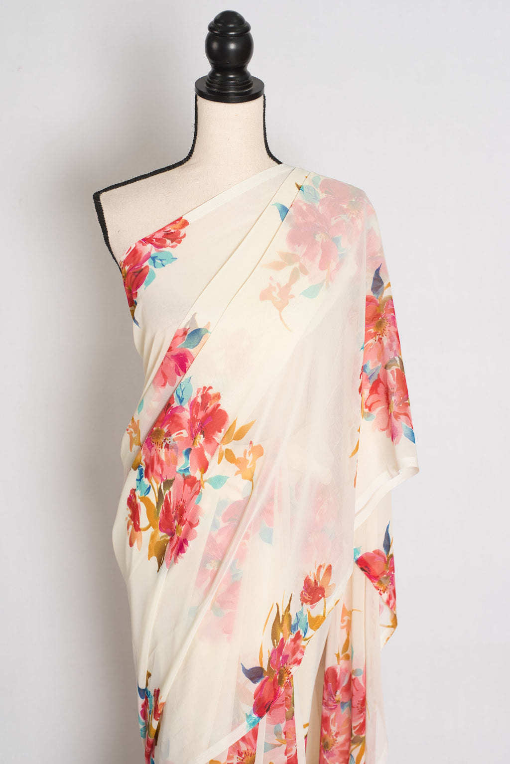 Liza : Cream and Red Floral Printed Chiffon Georgette Saree
