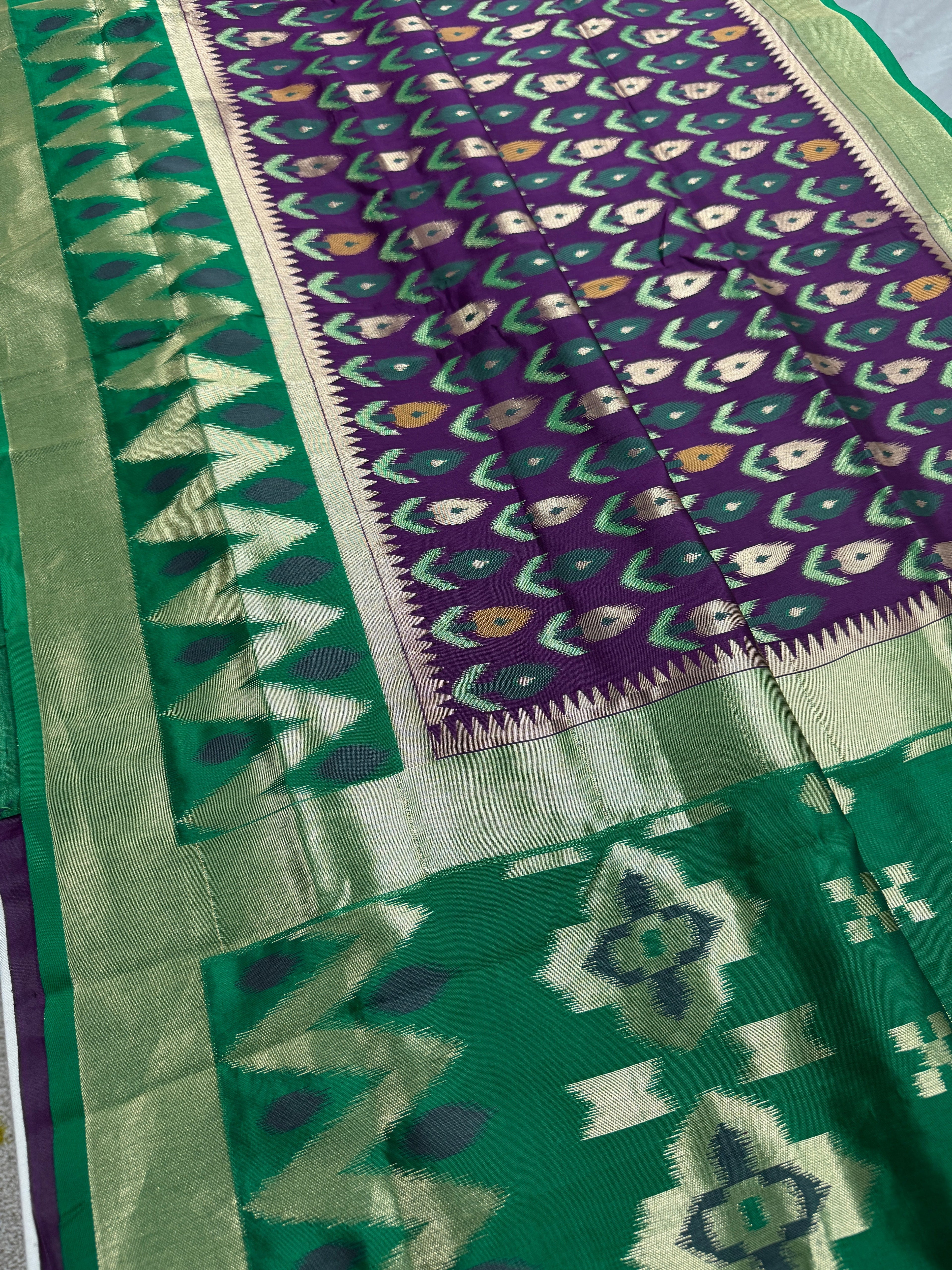 Sabina | Royal Purple & Emerald Green Art Silk Pochampally Saree