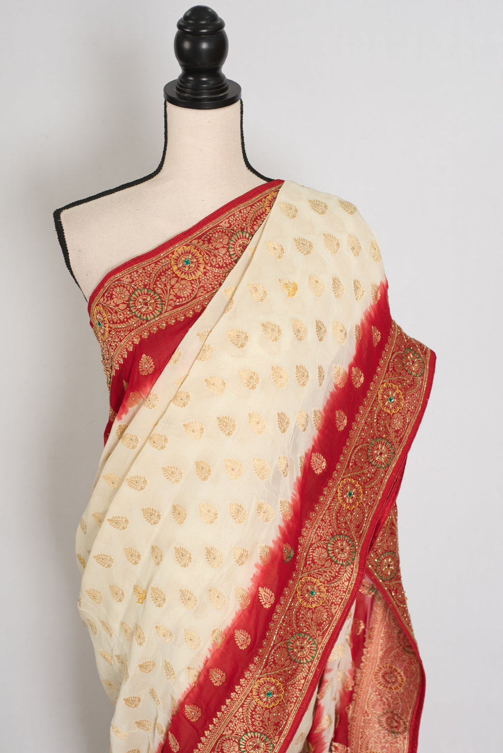 Maya | Off-White & Red Crepe Georgette Banarasi Saree | Bengali Look