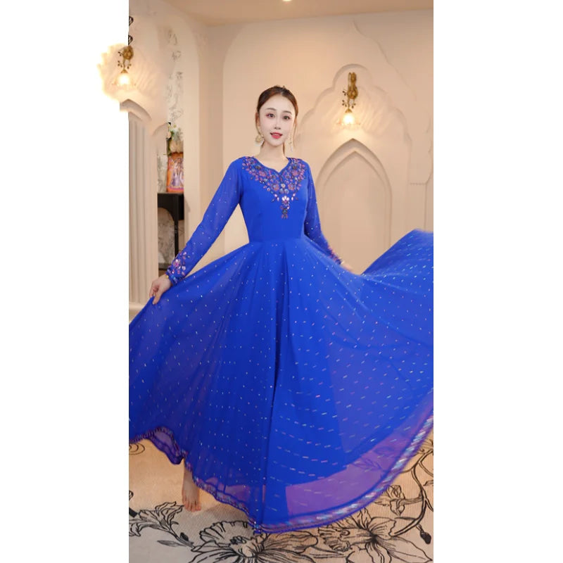 2026 Female India Saree Dress Long Sleeve Big Swing Clothes Oriental Classical Stage Performance Costume Bollywood Wear DQL12728