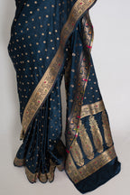 Nayan | Midnight Blue Semi Mashru Banarasi Saree | Pre-Stitched Size 38 Blouse