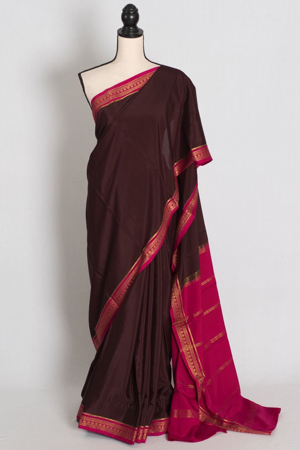 Devi : Brown and Pink Pure Mysore Crepe Silk Saree with 38 Size Stitched Blouse