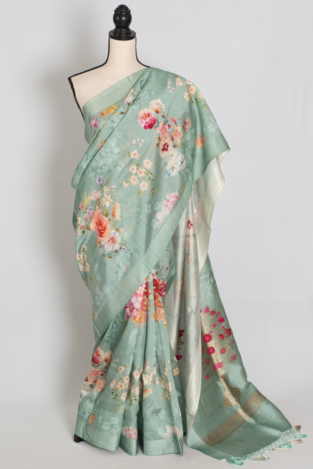 Soma : Sea Green Floral Banarasi Katan Silk Saree with 40 Size Stitched Blouse