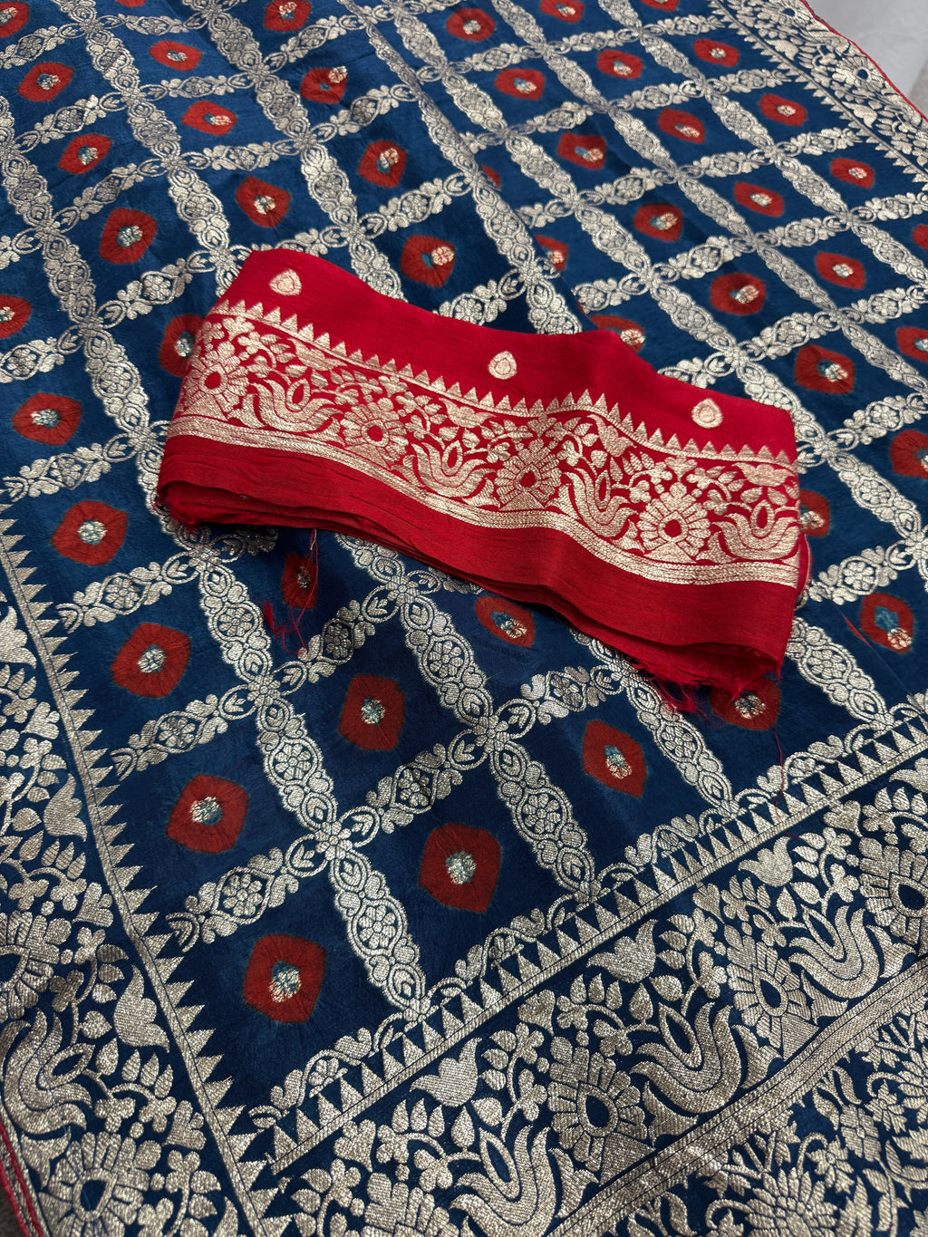 Parul | Dark Blue & Red Gharchola Banarasi Saree | Silver Zari Dola Silk