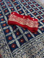 Parul | Dark Blue & Red Gharchola Banarasi Saree | Silver Zari Dola Silk