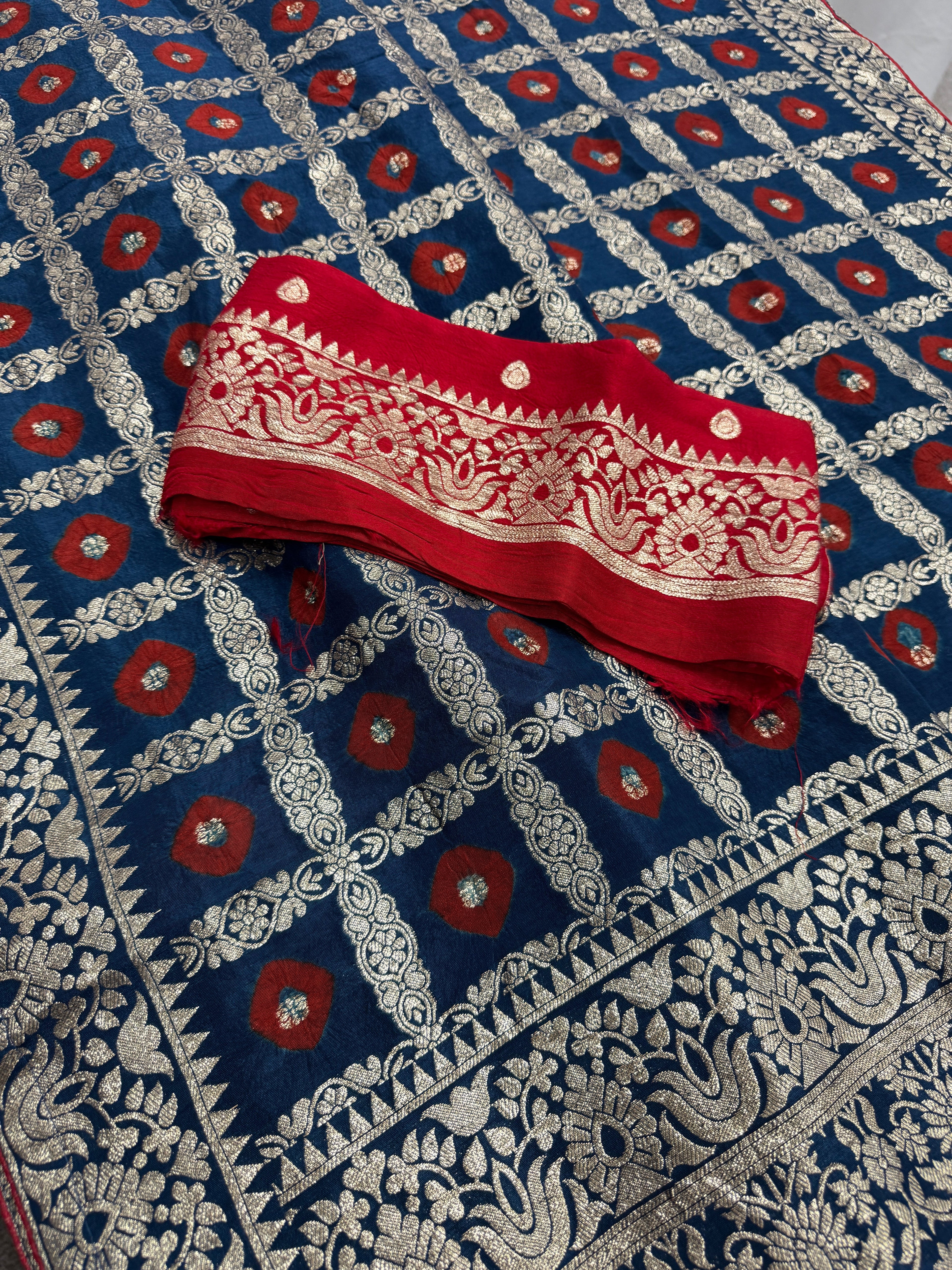 Parul | Dark Blue & Red Gharchola Banarasi Saree | Silver Zari Dola Silk