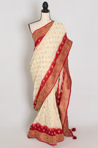 Maya | Off-White & Red Crepe Georgette Banarasi Saree | Bengali Look