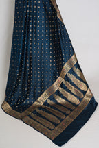 Nayan | Midnight Blue Semi Mashru Banarasi Saree | Pre-Stitched Size 38 Blouse