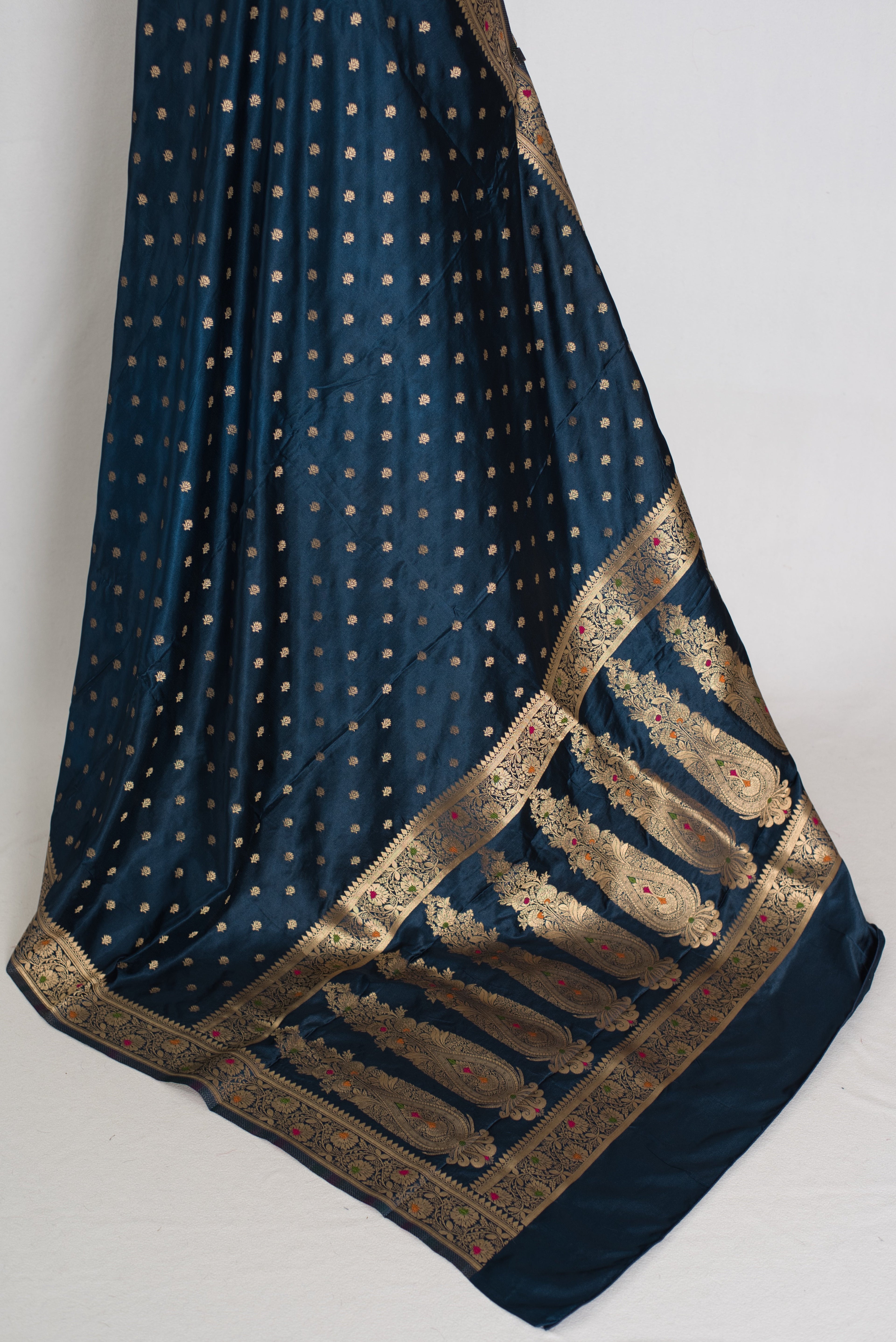 Nayan | Midnight Blue Semi Mashru Banarasi Saree | Pre-Stitched Size 38 Blouse