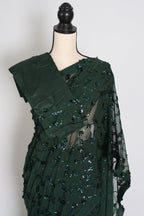 Gia | Bottle Green Soft Net Sequin Saree | Glamorous Evening Cocktail Partywear