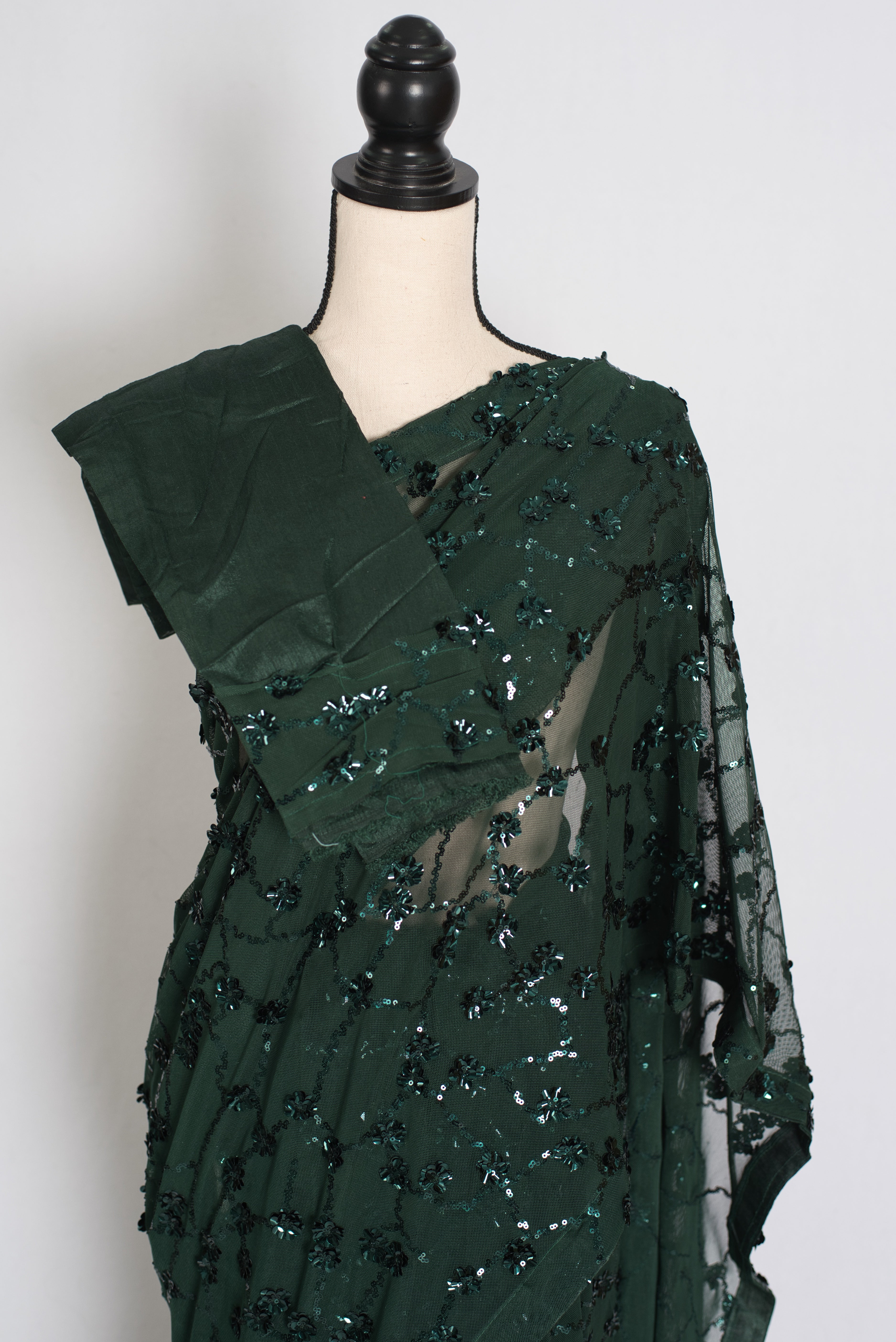 Gia | Bottle Green Soft Net Sequin Saree | Glamorous Evening Cocktail Partywear