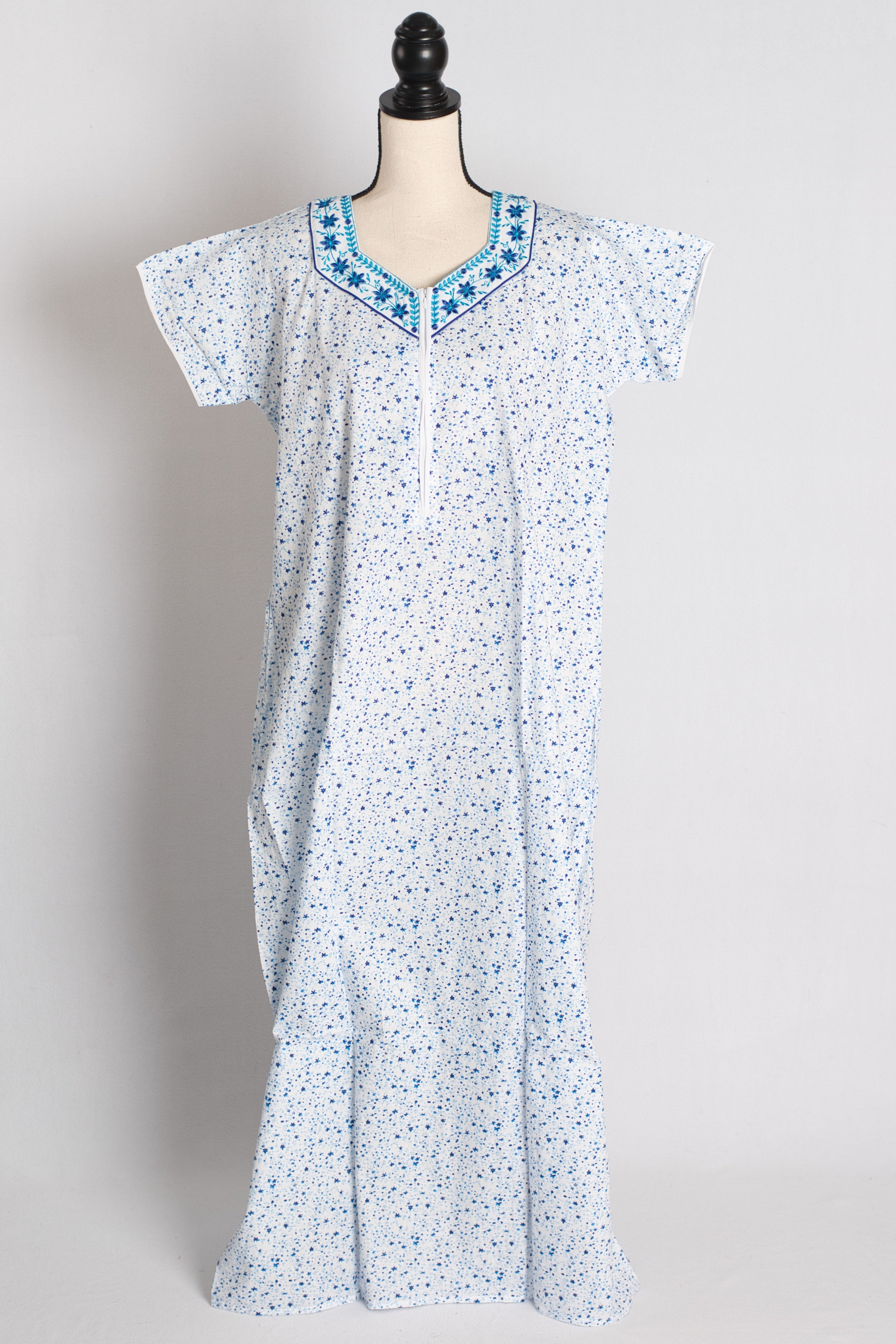 White and Blue Printed Pure Cotton Nightwear in Regular Size