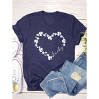 Women's Round Neck Short Sleeve Top Lucky Clover Heart Print Casual Summer Tee