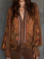 Caramel Vintage Floral Chiffon Shirt