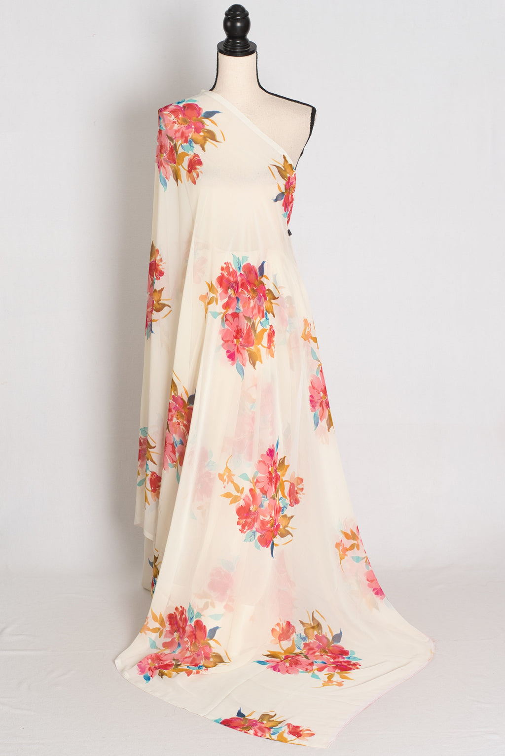 Liza : Cream and Red Floral Printed Chiffon Georgette Saree