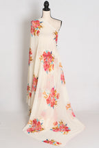 Liza : Cream and Red Floral Printed Chiffon Georgette Saree