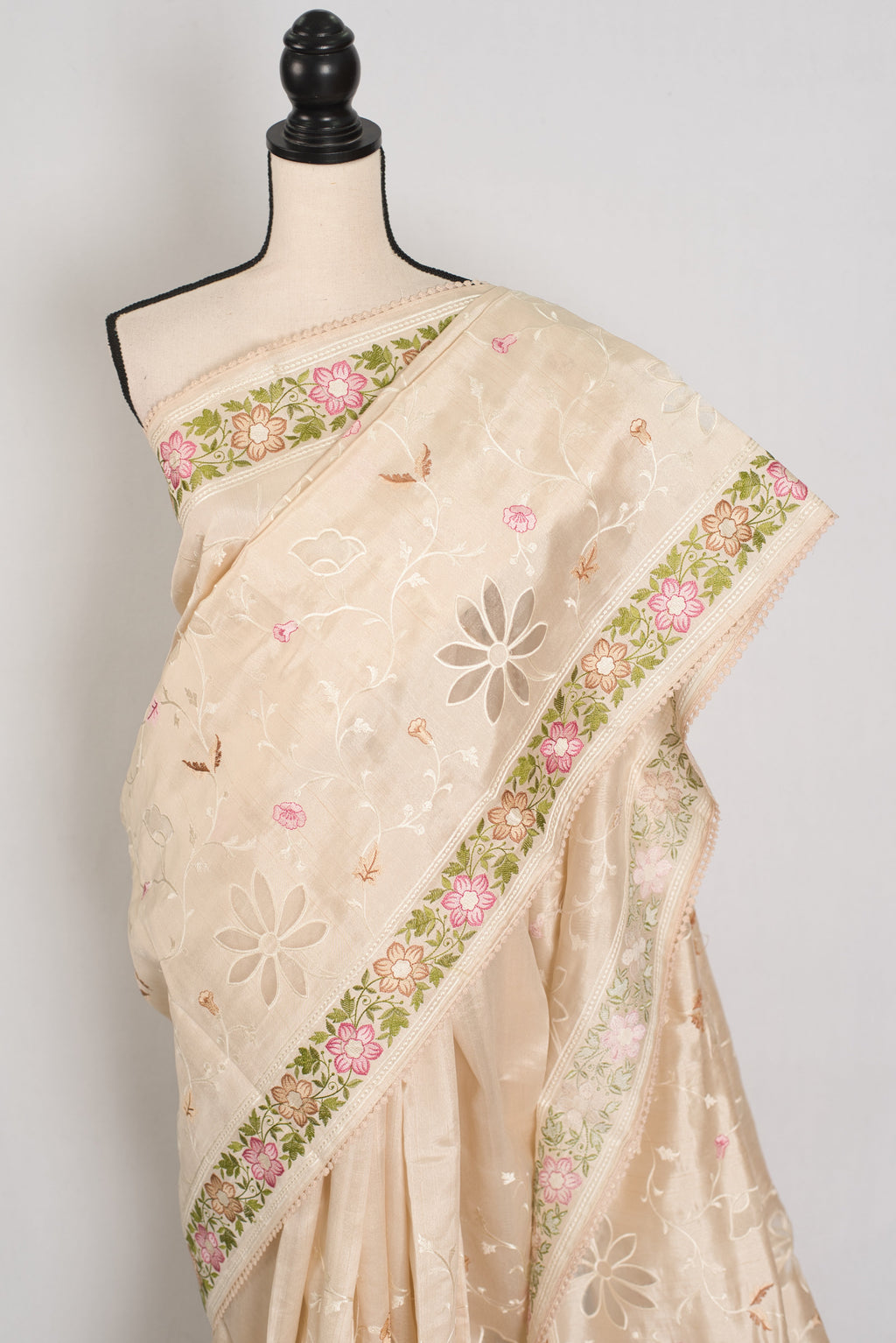 Shreya: Cream Semi Tussar Silk Saree with Multi-Color Cut Work Embroidery