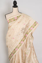 Shreya: Cream Semi Tussar Silk Saree with Multi-Color Cut Work Embroidery