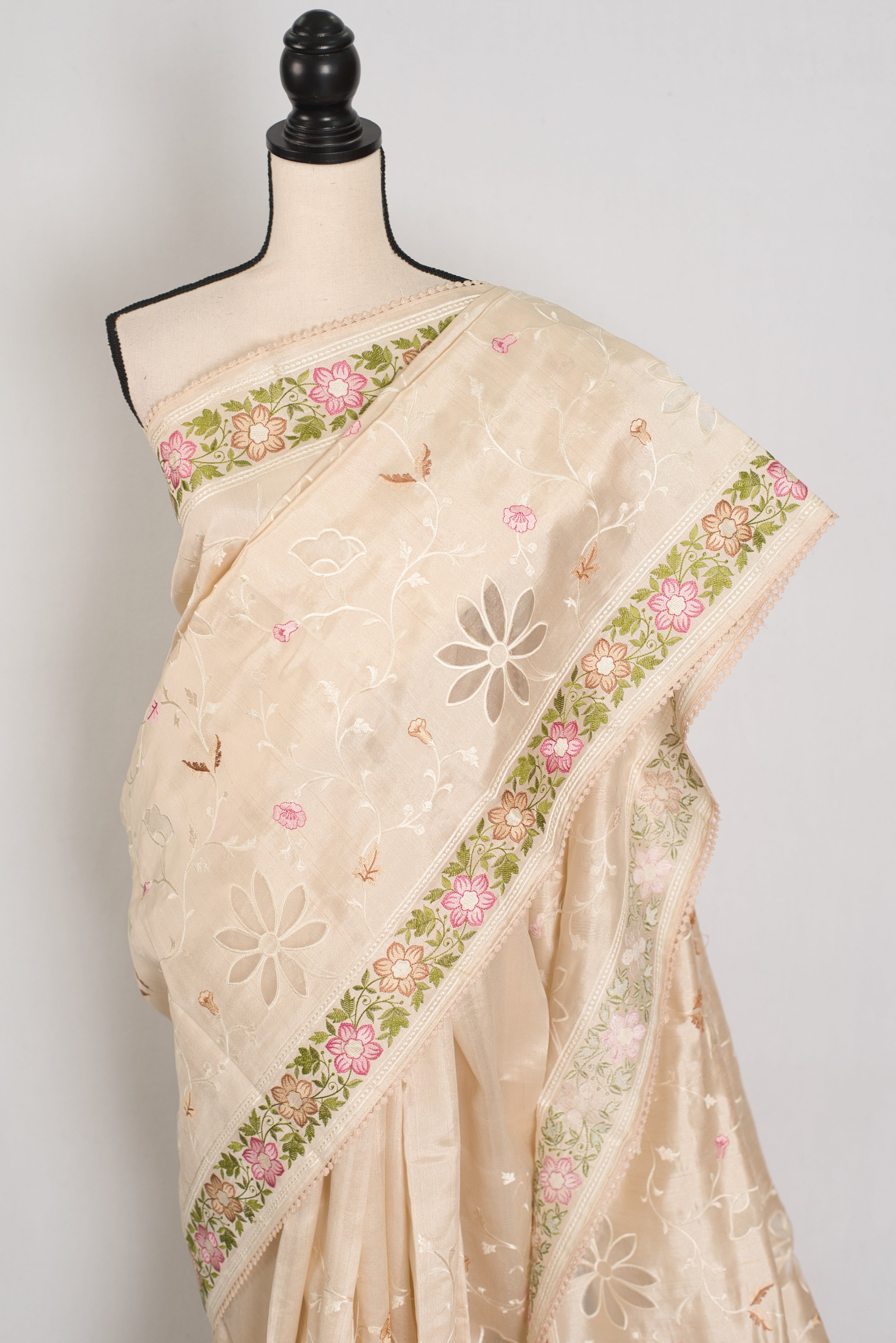 Shreya: Cream Semi Tussar Silk Saree with Multi-Color Cut Work Embroidery