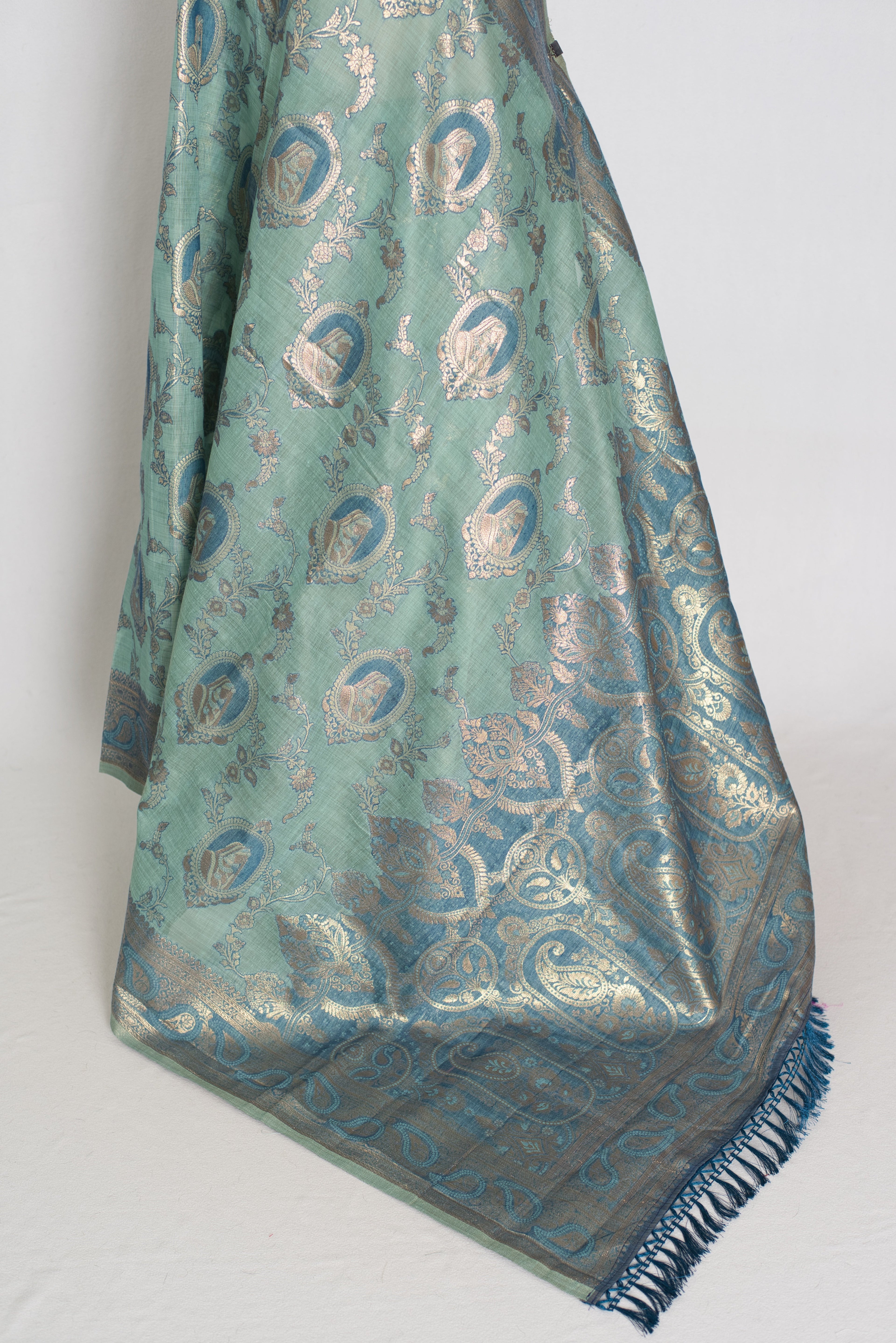 Mira | Pastel Blue Blended Cotton Saree | Traditional Baluchari Motifs