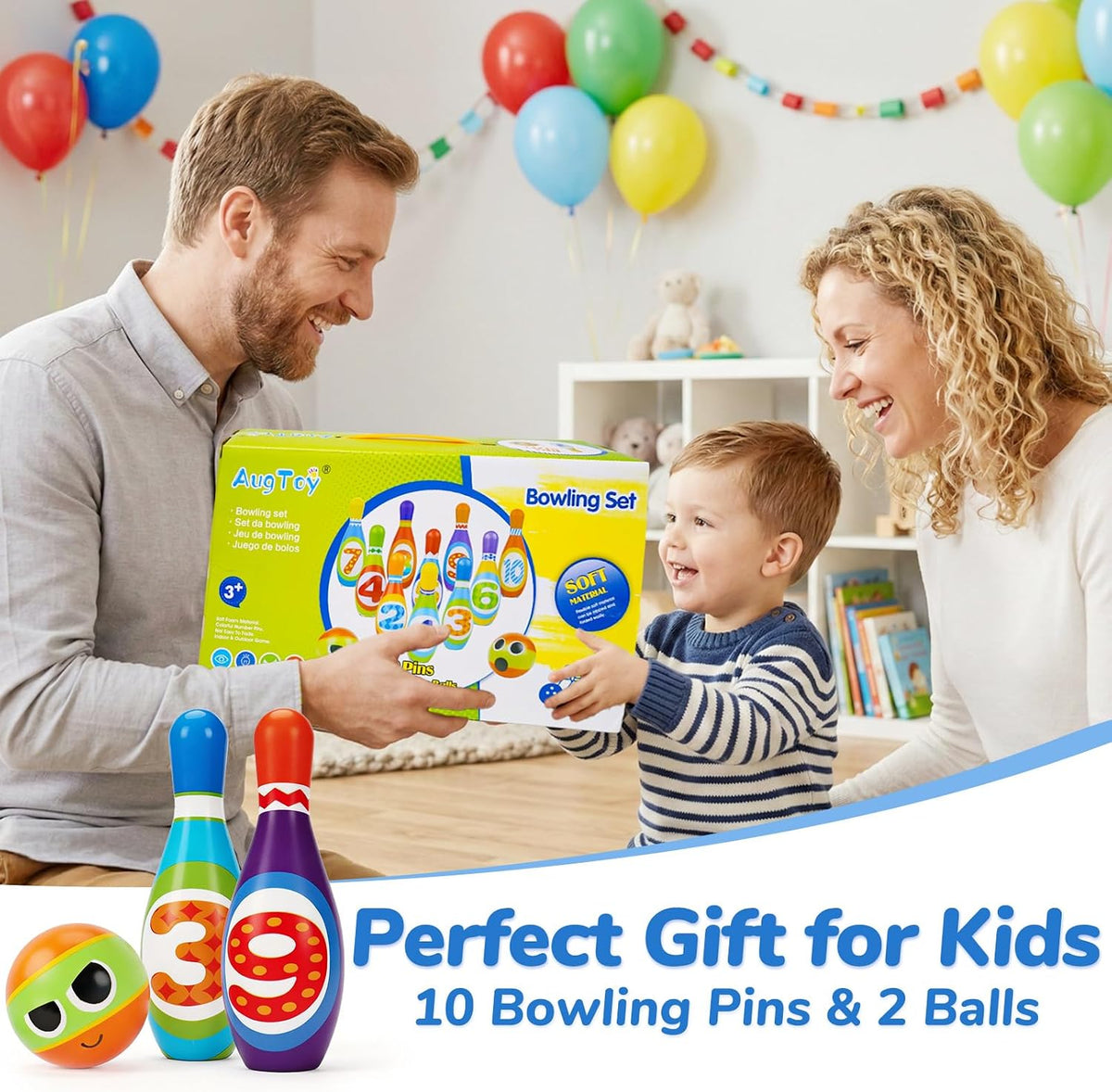 Kids Bowling Toy Set, Indoor Outdoor Activity Play Game Toys for Boy Girl, Soft 10 Foam Bowling Pins & 2 Balls, Educational Children Birthday Party Gifts