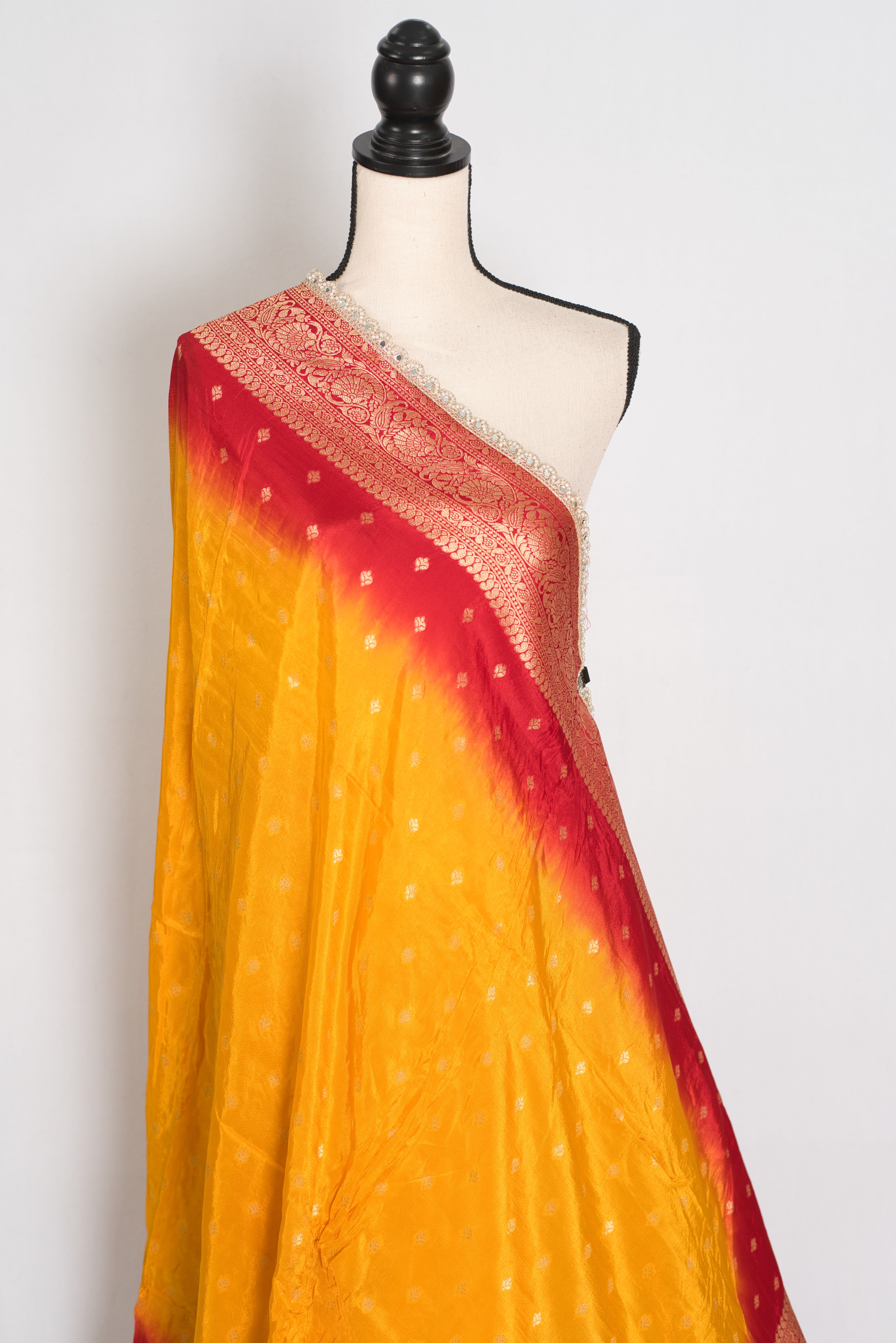 Mala | Yellow & Red Dola Silk Banarasi Saree | Soft & Flowy