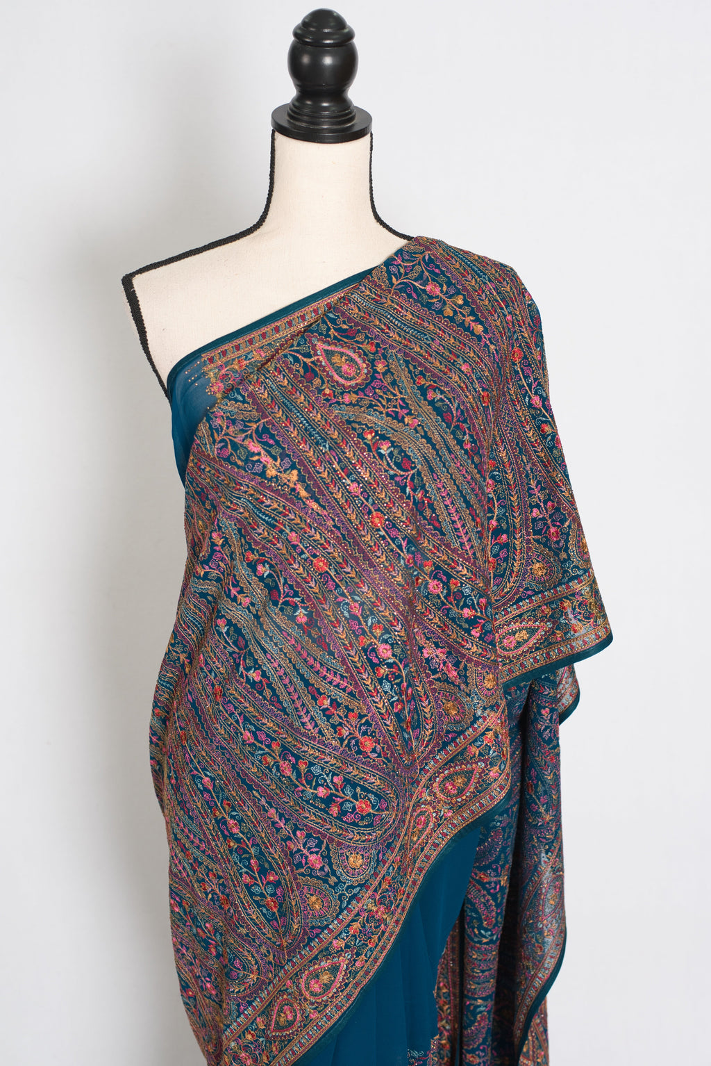 Mira | Cobalt Blue Georgette Saree | All-Over Multicolor Kashmiri Embroidery