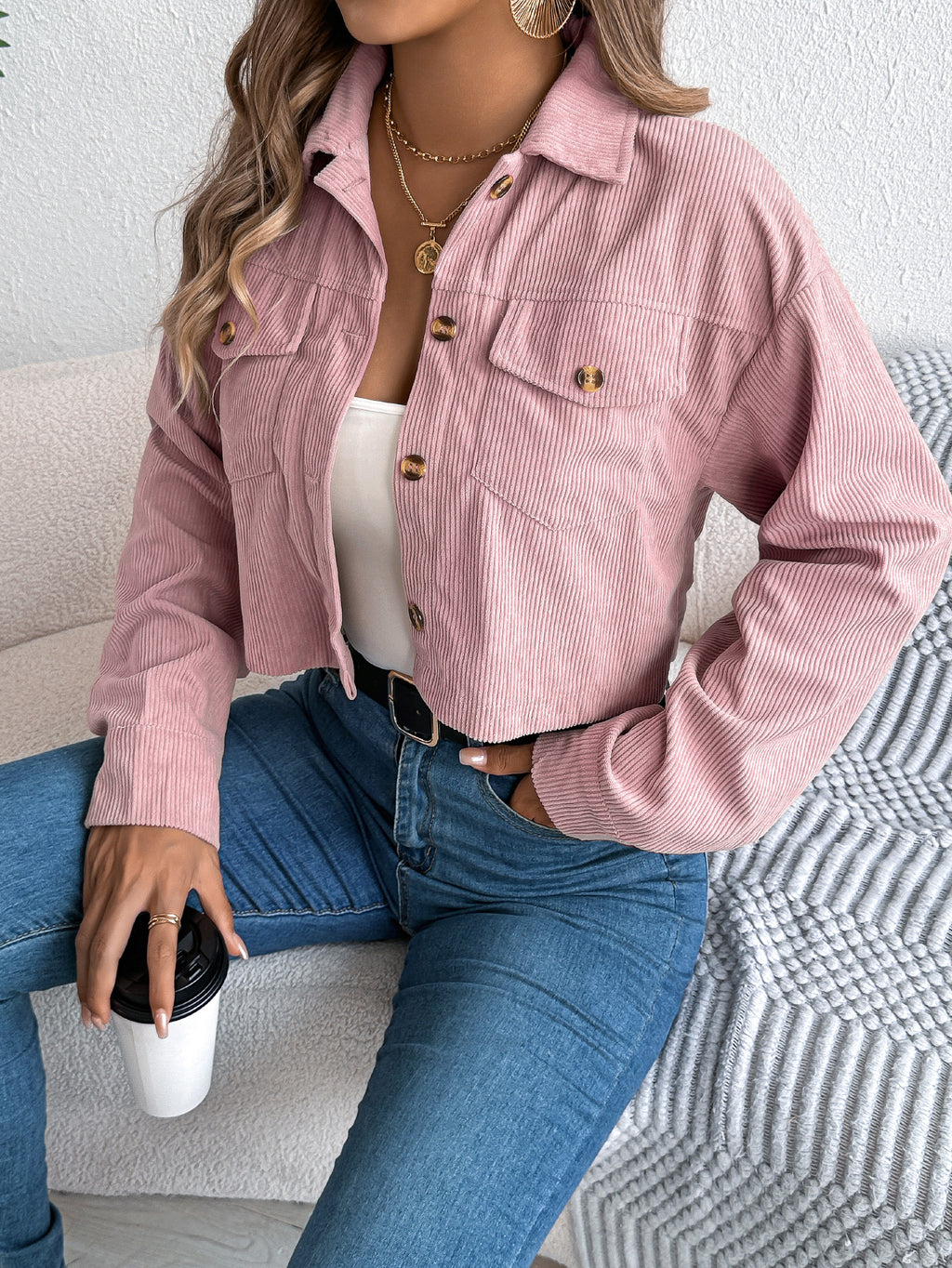 Casual Pocket Long Sleeve Corduroy Short Jacket Coat