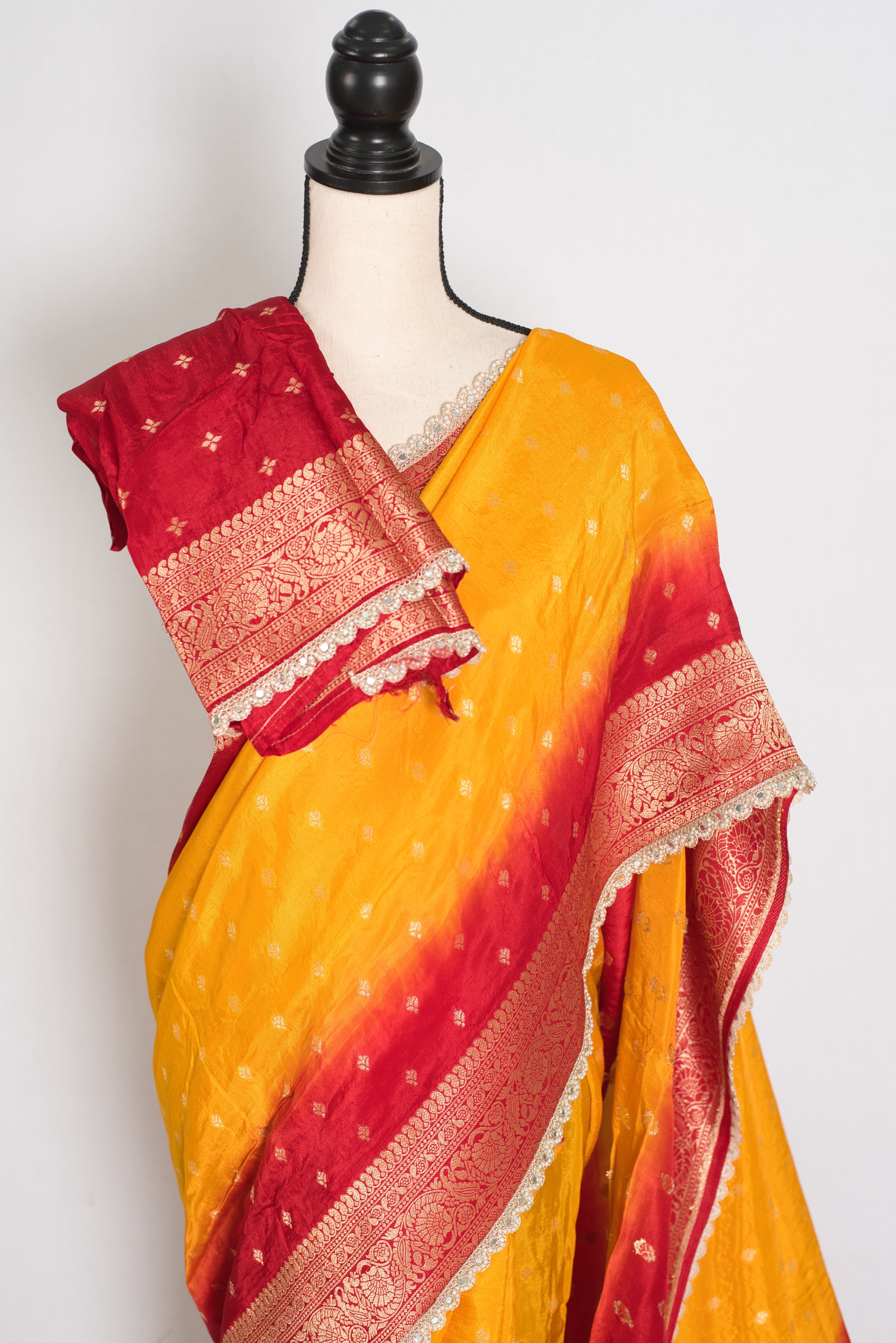 Mala | Yellow & Red Dola Silk Banarasi Saree | Soft & Flowy