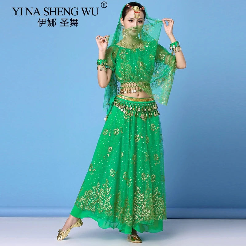 Bollywood Dress Costume Women Indian Dance Set Belly Dance Sari Clothing Belly Dance Performance Clothes Chiffon Dance Set New