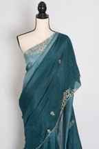 Nadia | Teal Green Shaded Soft Organza Saree | Zardosi Hand Embroidery