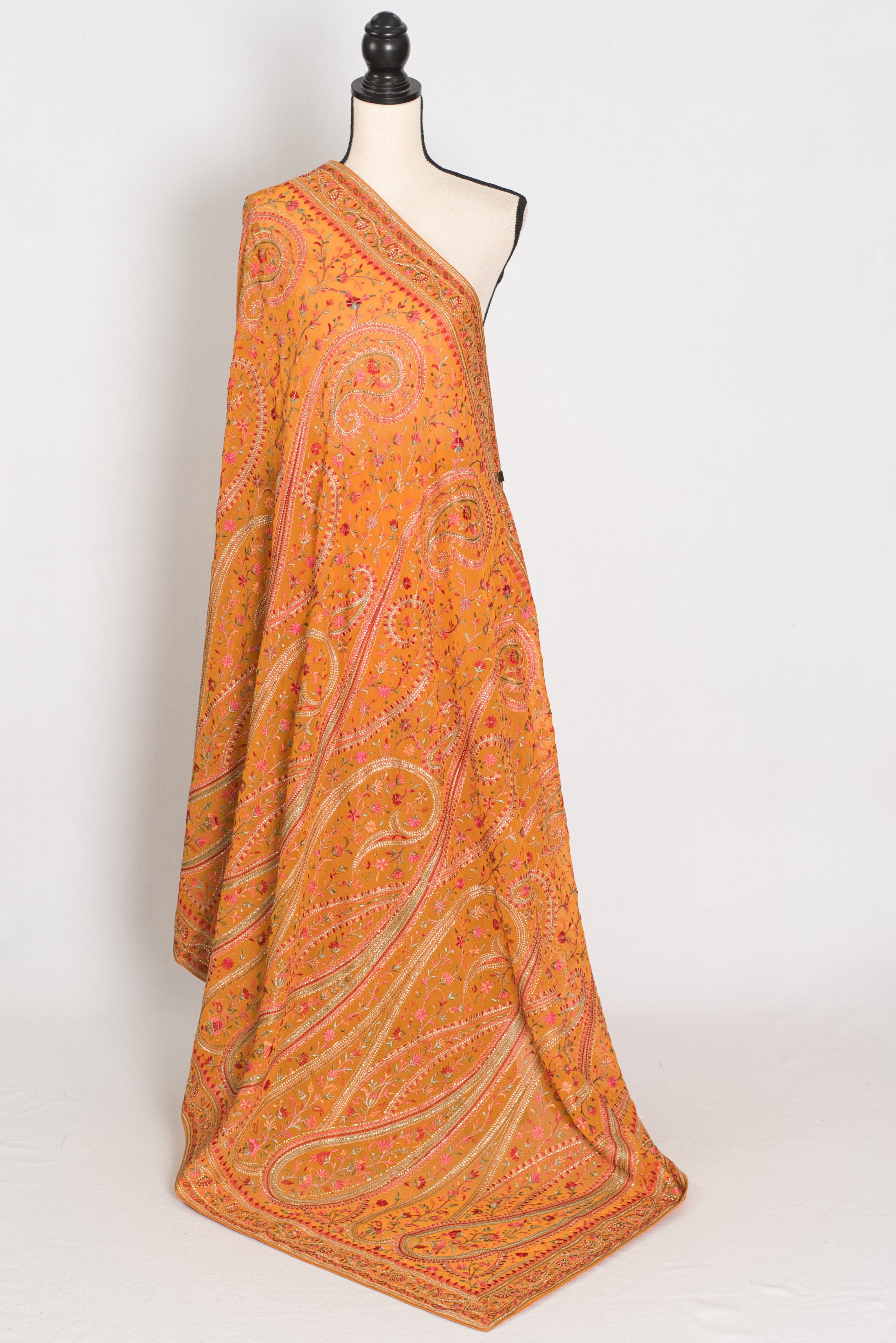 Haldi | Turmeric Yellow Georgette Saree | All-Over Kashmiri Embroidery