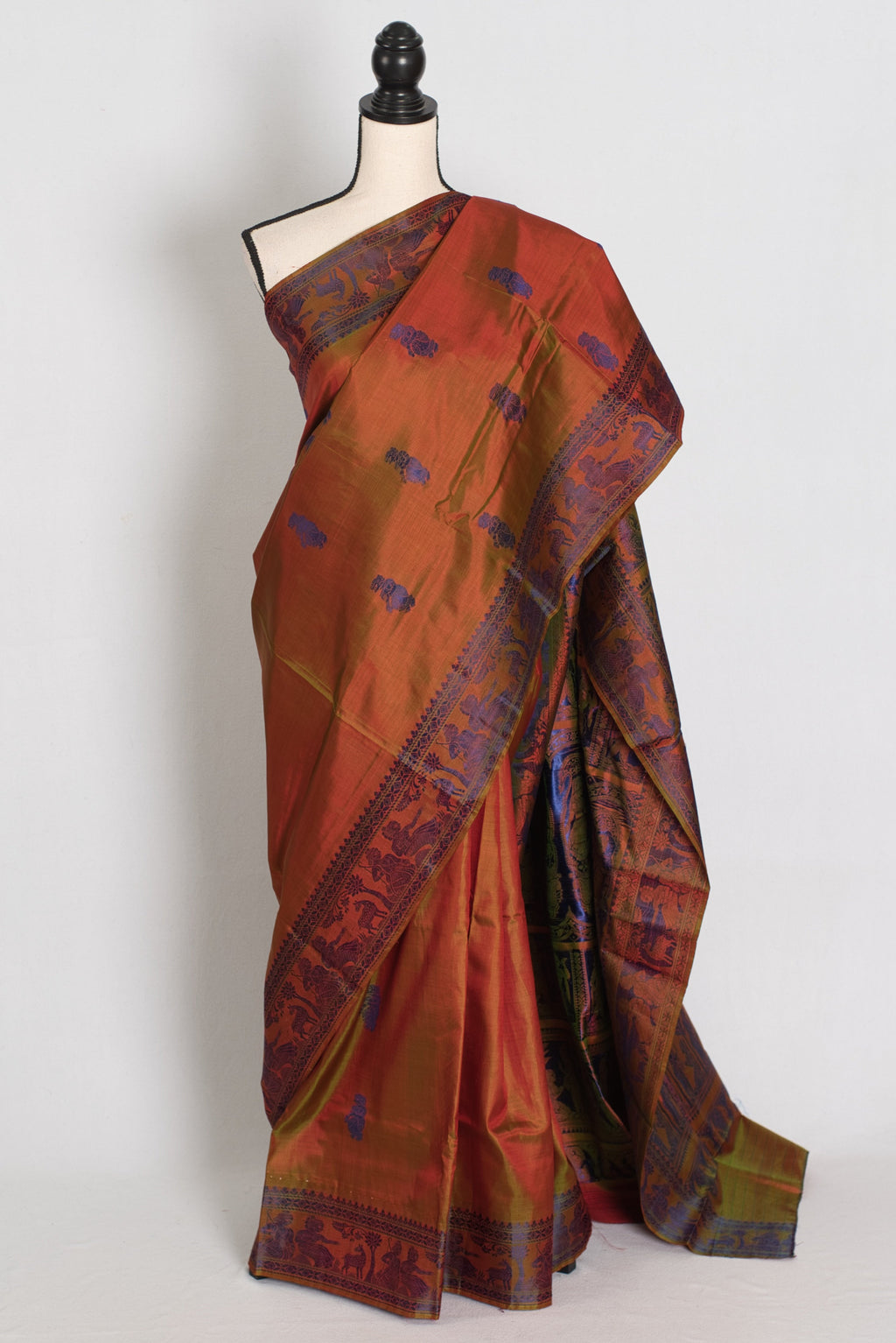 Nita | Brown and Blue Handwoven Baluchari Silk Saree with Blue Minakari Detail