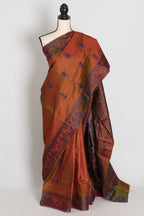 Nita | Brown and Blue Handwoven Baluchari Silk Saree with Blue Minakari Detail
