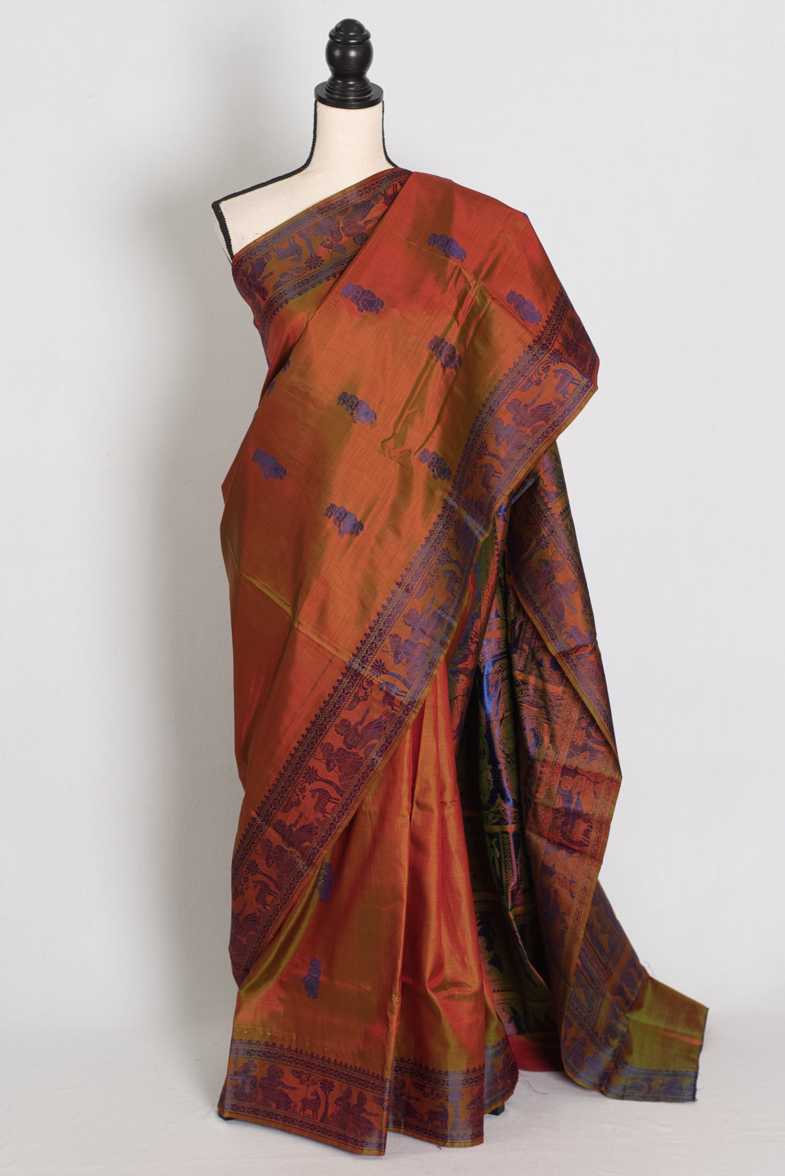 Nita | Brown and Blue Handwoven Baluchari Silk Saree with Blue Minakari Detail